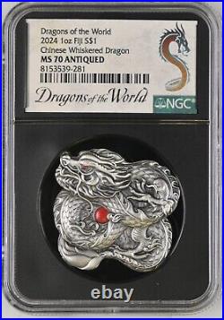 1 Oz Silver Coin 2024 Fiji Dragons of the World Whiskered Dragon NGC MS70 No COA