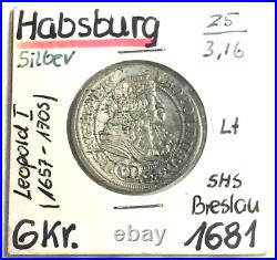 1681 Austria Habsburg 6 Kr Leopold Antique World Silver Breslau Coin 26mm (017)
