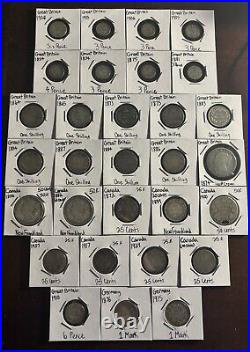 1800s/1900s Mixed World Silver Coins Lot Great Britain/Canada/Germany 30 Pcs