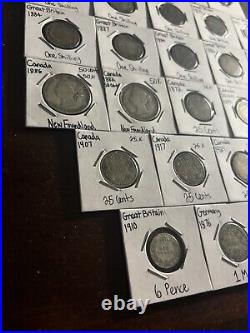 1800s/1900s Mixed World Silver Coins Lot Great Britain/Canada/Germany 30 Pcs