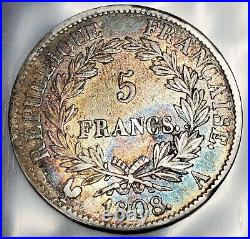 1808 A France 5 Francs World Silver Coin Rainbow Toned Xf Napoleon