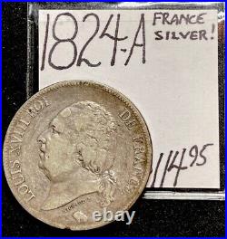 1824-A France Silver 5 Franc World Coin. ENN Coins