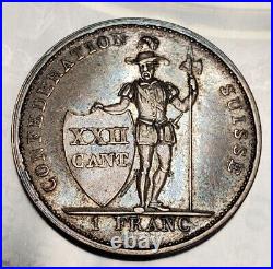 1845 Switzerland Vaud 1 Franc Rare World Silver Coin Au Toned