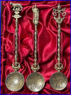 1850 Papal States Rome Artisan Crafted Silver Spoons With Roman Coins Lot#B2062