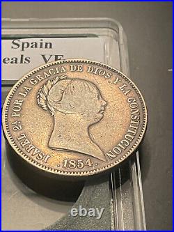 1854 20 Reales Spain Silver World Coin Madrid Isabel II VF with Plastic Case