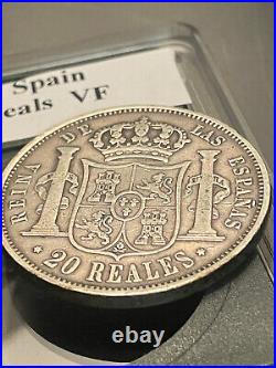 1854 20 Reales Spain Silver World Coin Madrid Isabel II VF with Plastic Case