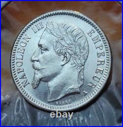 1869 A (UNC) France 1 Franc Napoleon III World Silver Coin