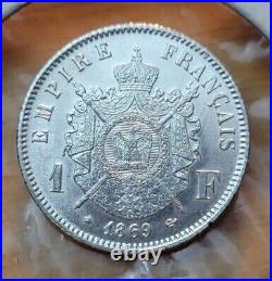1869 A (UNC) France 1 Franc Napoleon III World Silver Coin