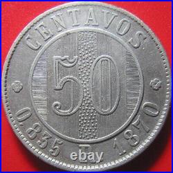 1870-R GUATEMALA 50 CENTAVOS SILVER RARE COLLECTABLE WORLD COIN 31mm