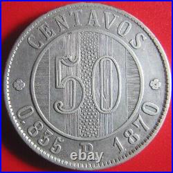 1870-R GUATEMALA 50 CENTAVOS SILVER RARE COLLECTABLE WORLD COIN 31mm