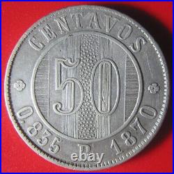 1870-R GUATEMALA 50 CENTAVOS SILVER RARE COLLECTABLE WORLD COIN 31mm