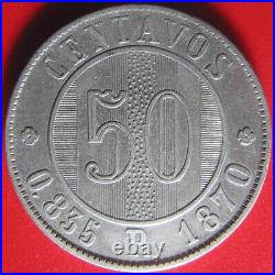 1870-R GUATEMALA 50 CENTAVOS SILVER RARE COLLECTABLE WORLD COIN 31mm