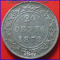 1872 H Newfoundland 20 Cents Silver High Value Key Date! Low Mint World Coin