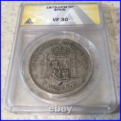 1875-DEM Spanish 5 Peseta World Silver Coin Spain ANACS VF30