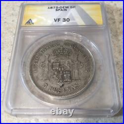 1875-DEM Spanish 5 Peseta World Silver Coin Spain ANACS VF30