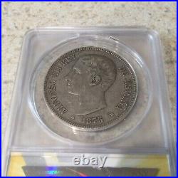 1875-DEM Spanish 5 Peseta World Silver Coin Spain ANACS VF30