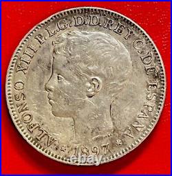 1897 Philippines 1 Peso Silver World Coin. (1st year Of issue) ENN Coins