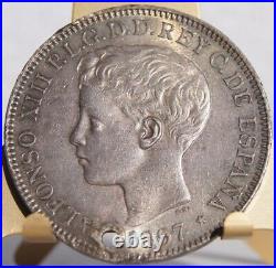 1897-SGV Philippino 1 Peso World Silver Coin Philippines Spanish Admin Holed