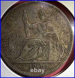 1900-A French Indo-China 1 Piastre World Silver Coin Good Letter Detail