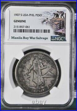 1907 S US/Philippines Peso Manila Bay War Salvage NGC Genuine Silver Coin WWII