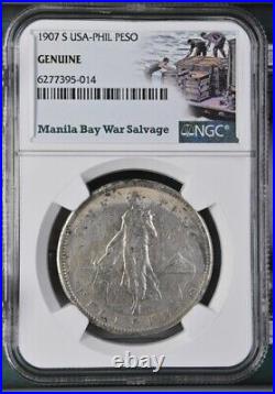 1907 S US/Philippines Peso Manila Bay War Salvage NGC Genuine Silver Coin WWII