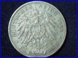 1908-J German States Hamburg 5 Mark World Silver Coin p-107