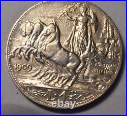 1909 Italy 1 Lire Silver World Coin HIGH DETAIL