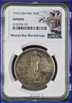 1910 S US/Philippines Peso Manila Bay War Salvage NGC Genuine Silver Coin WWII