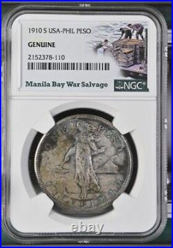 1910 S US/Philippines Peso Manila Bay War Salvage NGC Genuine Silver Coin WWII