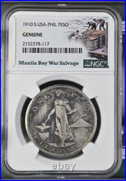 1910 S US/Philippines Peso Manila Bay War Salvage NGC Genuine Silver Coin WWII