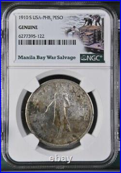 1910 S US/Philippines Peso Manila Bay War Salvage NGC Genuine Silver Coin WWII