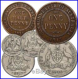 1914-1918 AUSTRALIAN WORLD WAR 1 COINS Predecimal Mint Set