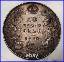 1918 Canada 50 Cents AU World Silver Coin Toned