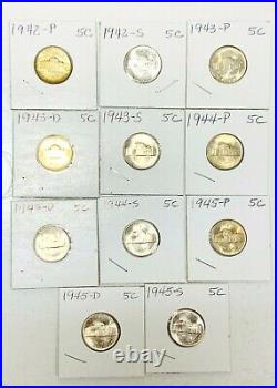 1942 Ps-1945 Pds Complete Set(11)coins Unc Bu Us World War 2 35% Silver Nickels