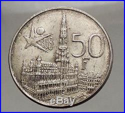 1958 BELGIUM Silver 50 Francs Coin BRUSSELS WORLD's FAIR 58 Baudouin i57142