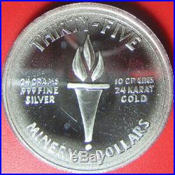 1973 MINERVA $35 PROOF 0.80oz SILVER + 0.02oz GOLD GODDESS RARE WORLD COIN 39mm