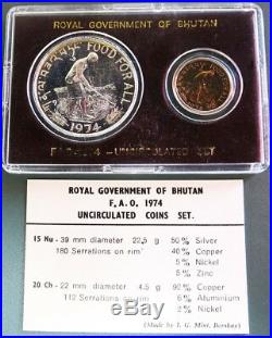 1974 Silver Bhutan 2 Coin Proof Like Fao World Food Day Set I. G. Bombay Mint