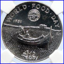 1981 MALTA FAO World Food Day Fishing Boat OLD Silver 2 Pounds Coin NGC i105673
