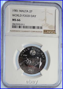 1981 MALTA FAO World Food Day Fishing Boat OLD Silver 2 Pounds Coin NGC i105673