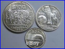 1985 Mexico 25+50+ 100 Pesos Fifa World Cup 86 Lot 3 Coins Silver