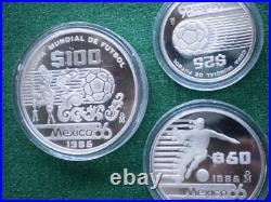 1985 Mexico 86 Silver Proof 3 Coins 25, 50 & 100 Soccer World Cup