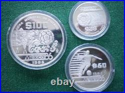 1985 Mexico 86 Silver Proof 3 Coins 25, 50 & 100 Soccer World Cup