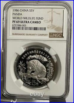 1986 China World Wildlife Fund 5 Yuan 22g Silver Panda Coin NGC PF69