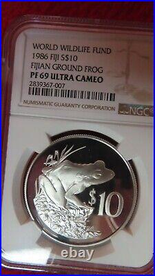 1986 Fiji Fijian Ground Frog Silver Coin NGC PR69 World Wildlife Fund WWF RARE