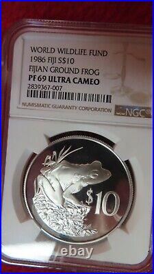 1986 Fiji Fijian Ground Frog Silver Coin NGC PR69 World Wildlife Fund WWF RARE