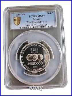 1986 MEXICO 200 PESOS COPA MUNDIAL FUTBOL SILVER COIN 2 oz PCGS PF67 UNC