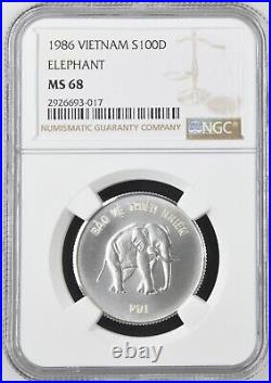 1986 Vietnam 100 Dong Silver World Coin NGC MS68 Elephant