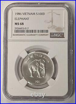 1986 Vietnam 100 Dong Silver World Coin NGC MS68 Elephant