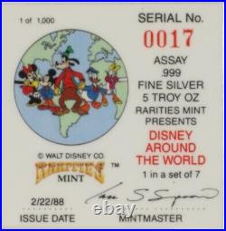 1988 Official Disney Around the World 5 oz. 999 Silver serial # 17! Rare
