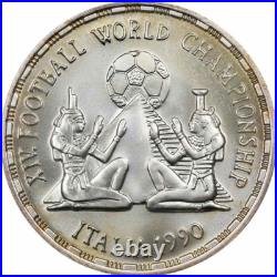 1990 Egypt 5 Pounds Silver Coin 14th Soccer World Championship Italy PCGS MS 68 1990 Egypt 5 Pounds Silver Coin 14th Soccer World Championship Italy PCGS MS 68